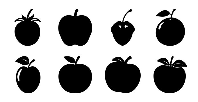 Black and white apple icons with stems and leaves - Minimalist black and white apple icons featuring stems and leaves, arranged neatly in two rows of four for versatile graphic use.