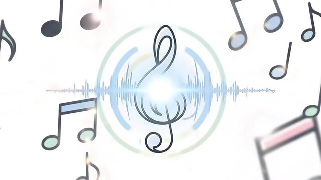 Musical notes floating around a glowing treble clef sound wave