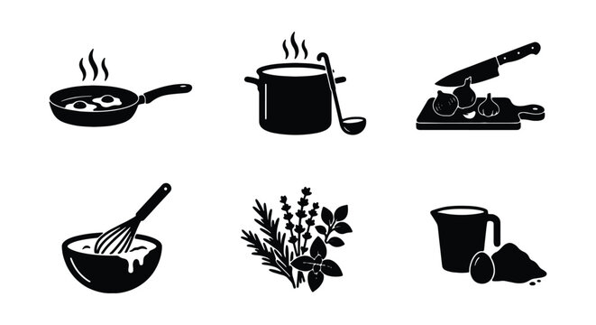 Set of kitchen cooking icons, including frying pan, pot, knife, whisk, herbs, and ingredients