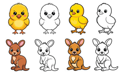 Fototapeta premium Sweet baby chick and kangaroo with friendly smiles, perfect coloring book illustrations for kids, featuring simple lines and cheerful cartoon style for educational and fun activities.