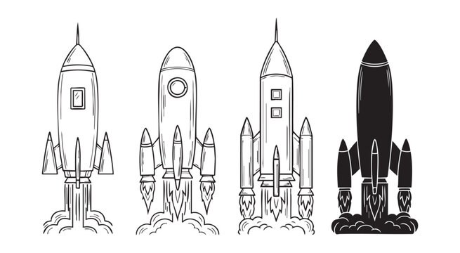 Set of four hand drawn rocket sketches for space exploration mission concept and startup launch ideas.