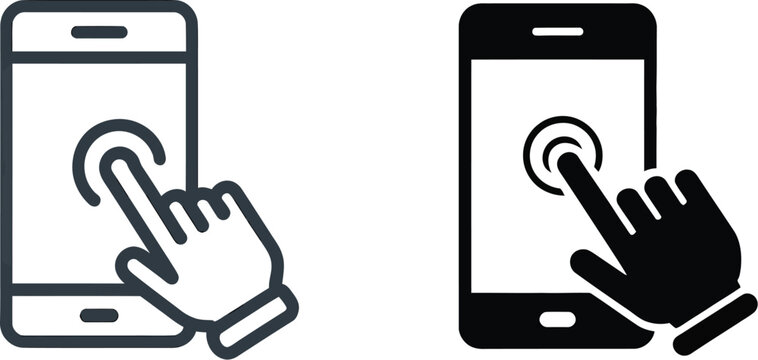 Hand touch screen smartphone icon vector illustration for mobile applications, digital communication, and interface technology systems.