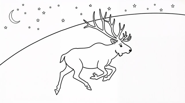 Coloring page stag with branched antlers running beneath moon and stars &mdash; magical winter design linked to Christmas, New Year, and Northern folklore