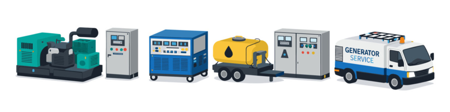 Collection of various electrical generator units and service vehicle