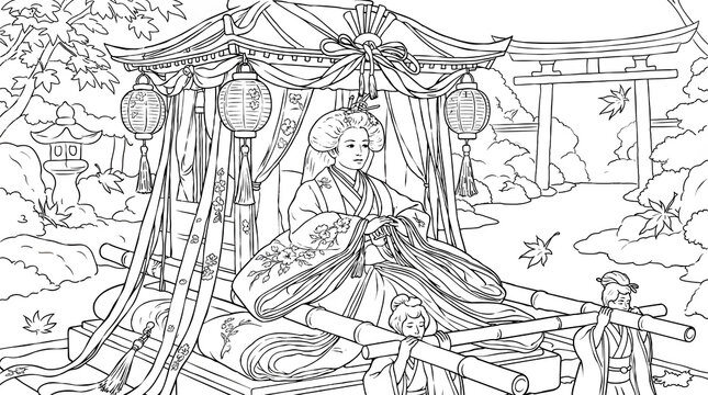 Coloring page Heian-era noblewoman in palanquin under lanterns &mdash; elegant historical scene full of poetry and tradition