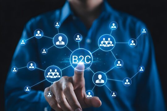 B2C business to consumer marketing concept. Businessman touching customer network interface, representing direct sales, consumer targeting, client relationship, ecommerce growth, digital strategy