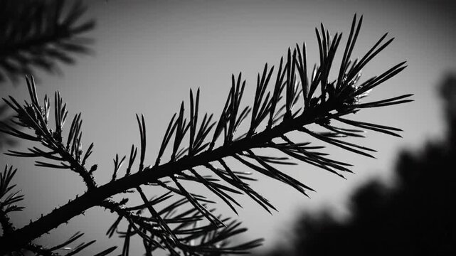 Black and white close up of a pine branch silhouette against a gray sky with blurred background elements