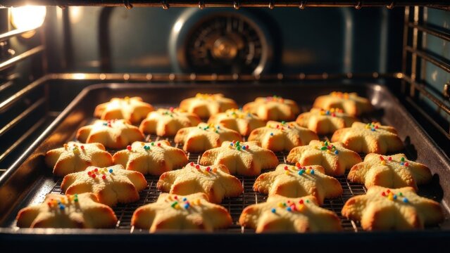 Golden cookies bake in oven, shaped like stars
