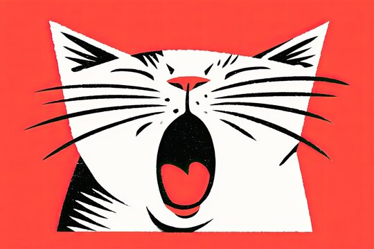 Bold minimalist cat illustration featuring a wide-open mouth on a vibrant red background, showcasing distinct black and white features and expressive whiskers