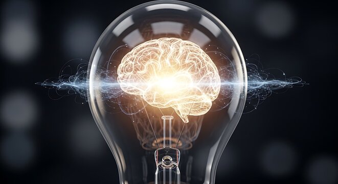 Brain inside a glowing light bulb with futuristic rays