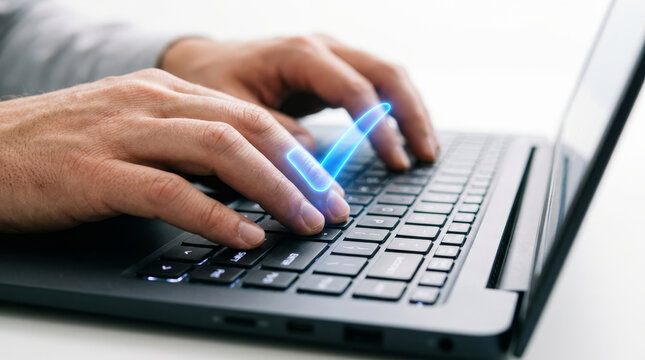 A close-up of hands typing on a laptop keyboard, with a glowing blue animation highlighting the action, symbolizing digital interaction and technology.