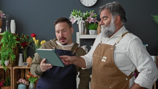 Two florists in a flower shop hold a tablet and point with hand while discussing arrangements in a building; teamwork concentration.