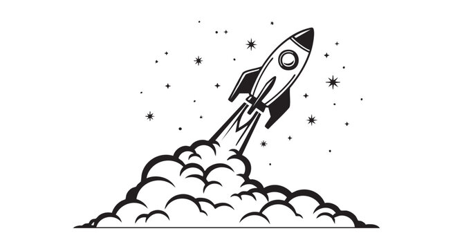 Rocket launch taking off with trail of smoke and stars in background for startup business concept.