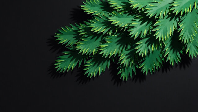 Black Background with Glowing Green Paper Cut Leaves