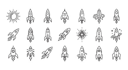 Set of twenty rocket ship thin line icons isolated on transparent background for space web design. © MD