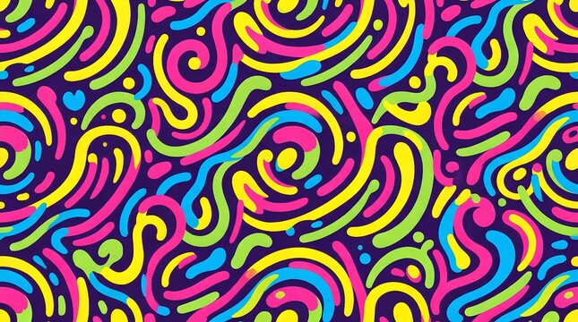 Yellow pink neon graphic seamless pattern with abstract swirls, squiggles and dots