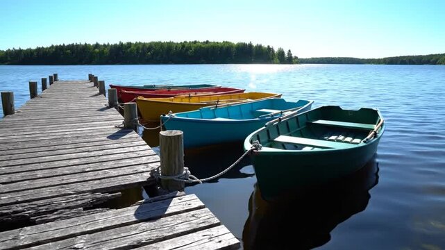 Colorful rowboats docked at wooden pier with beautiful blue sky on a sunny day reflecting in the water