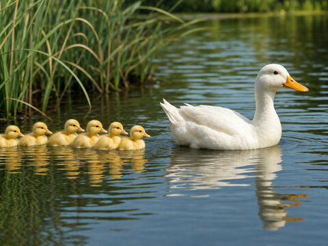 White duck with orange bill glides on a calm pond, while a line of yellow ducklings follows behind in a warm, peaceful nature scene.