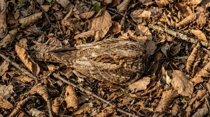 Fototapeta premium Camouflaged Quail Resting Amidst Fallen Autumn Leaves and Twigs in Natures Embrace.