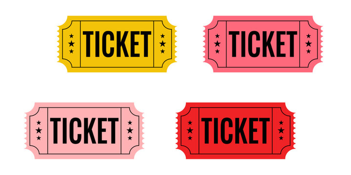 Set of four colorful vector vintage admission tickets vector illustration of raffle tickets in yellow, pink, light pink, and red colors with star icons