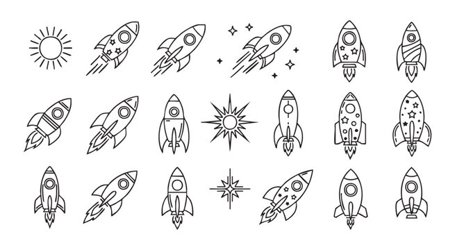 Set of isolated space rocket icons with star bursts and solar elements on a transparent background.