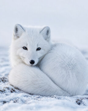Arctic fox lying in fresh snow, white fur and soft gray shadows creating a calm winter mood in a close-up portrait.