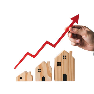 Hand holding houses with rising red growth arrow