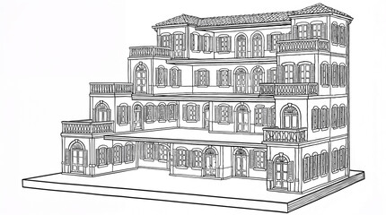 Obraz premium Coloring page featuring a multi-story building in Italian palazzo style — architectural scene for kids’ creativity and festive European heritage mood