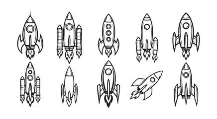 Hand drawn rocket ship icons set with vintage ink style doodle spacecraft isolated on transparency. © MdAbdul