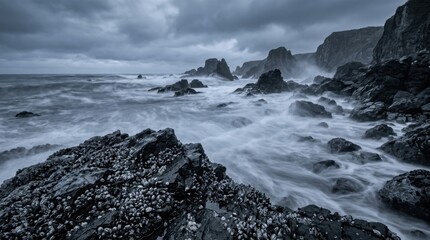 Fototapeta premium Dramatic Coastal Scene - Rugged Rocks and Turbulent Ocean Under a Cloudy Sky.