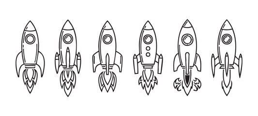 Set of six distinct linear rocket ship icons designed for space travel and science project themes. © Maruf