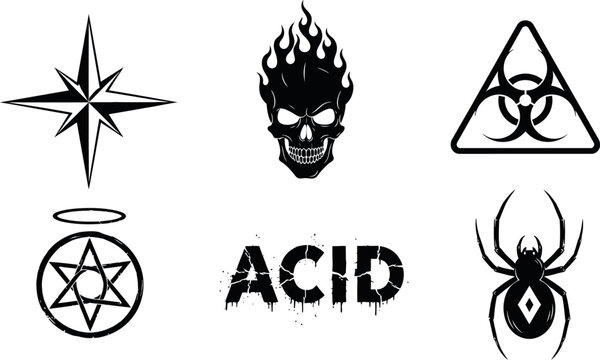 Collection of dark symbols and logos on white background Black icons set with star, skull, biohazard, pentagram, acid text and spider