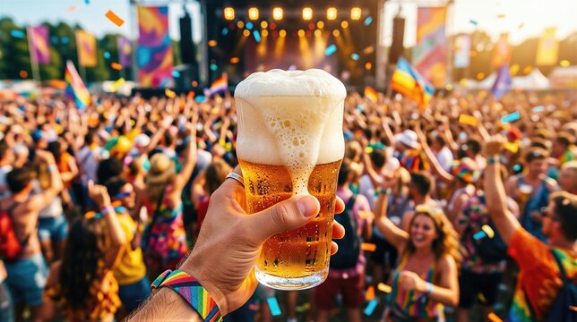 Man holding glass of beer at summer music festival. Crowd of happy people cheering in background with colorful confetti. Celebration, pride event, party, nightlife, summer lifestyle.