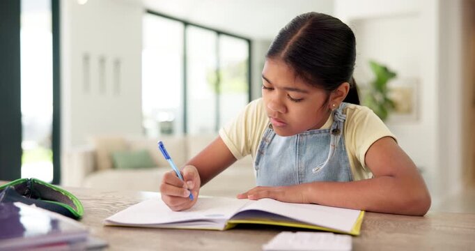 Homework, writing and child with book in home for learning, education and assessment. House, pen and girl with activity for school lesson, assignment and quiz for studying, answer and development