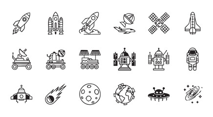 Space and astronomy thin line icons collection featuring planets astronauts and exploration vehicles. © Maruf