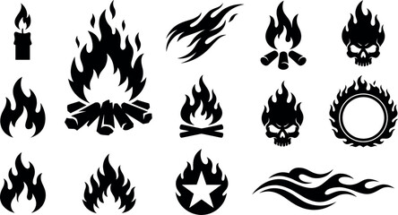 Black silhouette fire flame icon set featuring campfires, flaming skulls, candles, hot rod racing streaks, and bonfire symbols for graphic design elements. © MstHura