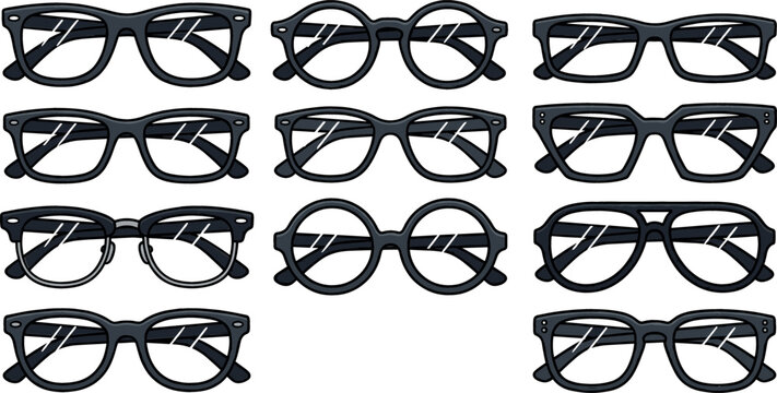 Black classic and modern eyeglasses frames collection set isolated on white background flat line art style vector illustration icons