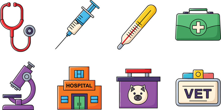 Colorful Medical and Veterinary Icon Set with Stethoscope, Syringe, Thermometer, First Aid Kit, Microscope, Hospital, Pet Carrier, and Vet Sign Designs