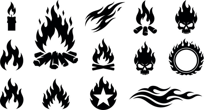 Black silhouette fire flame icon set featuring campfires, flaming skulls, candles, hot rod racing streaks, and bonfire symbols for graphic design elements.