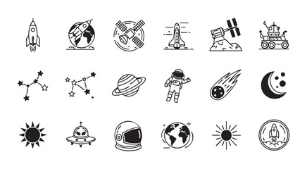 Cosmos and galaxy exploration icons set including constellations sun moon and aerospace equipment. © Maruf