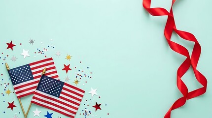 Obraz premium USA independence day happy independence day USA Two American Flags With Colorful Confetti And Red Ribbon On Light Blue united states patriotism