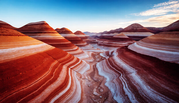 Striped rock hills in painted desert featuring white and red sedimentary layers under clear blue sky.