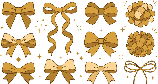 Golden vector ribbon bows set featuring elegant knots, festive gift wrapping pom poms, and decorative strings for holiday celebrations, birthdays, and Christmas presents.