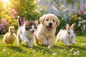 Cute Animal Companions Portrait with Dog Cat Rabbit Bird and Rodent