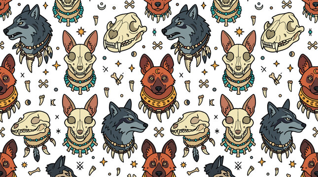 Mystical seamless vector pattern featuring wolf heads, canine skulls, bones, and shamanic talismans for pagan, gothic, and esoteric textile designs.