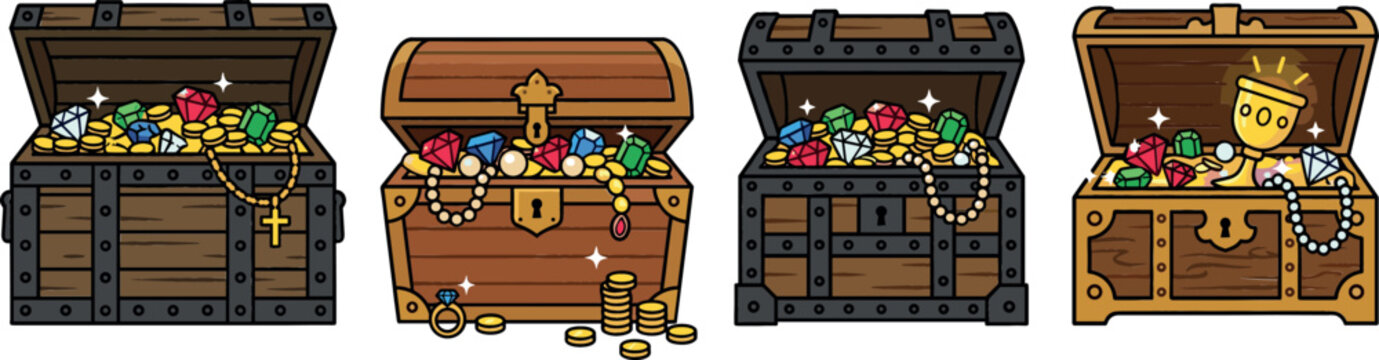 Old wooden pirate treasure chests overflowing with gold coins sparkling diamonds gemstone jewelry and goblet vector flat line illustration set