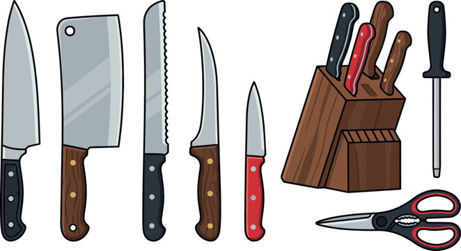 Professional vector kitchen knife set featuring chef knife, cleaver, bread knife, paring blades, wooden block holder, honing steel, and kitchen shears for cooking.