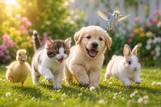 Cute Animal Companions Portrait with Dog Cat Rabbit Bird and Rodent