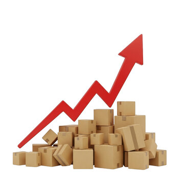 Rising red arrow above stacked brown boxes