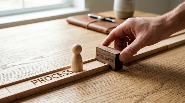 Hand placing bottleneck block on wooden process track with figurine
